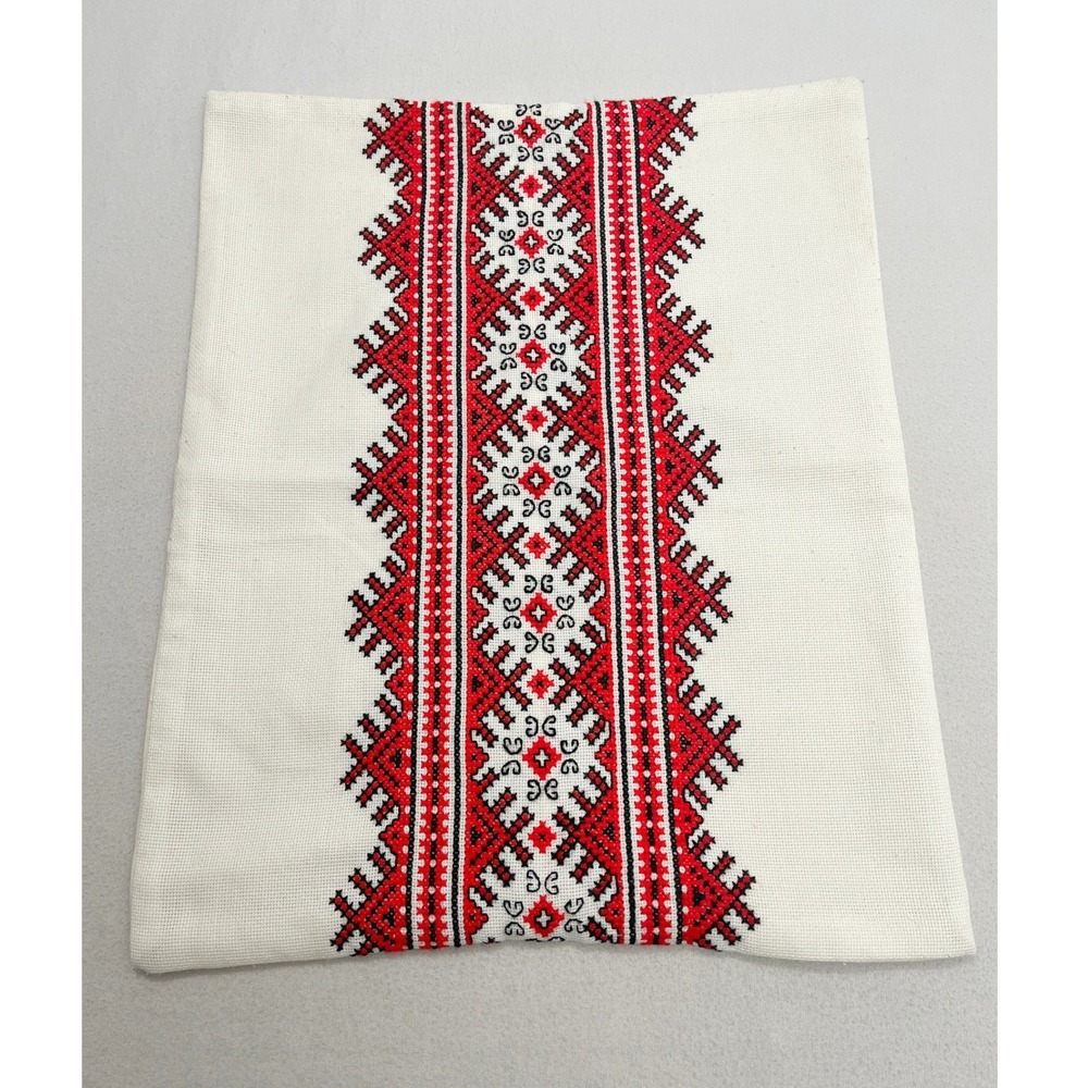 Vintage Handmade Embroidered Folk Art Pillow Cover Red Black Geometric 16x20